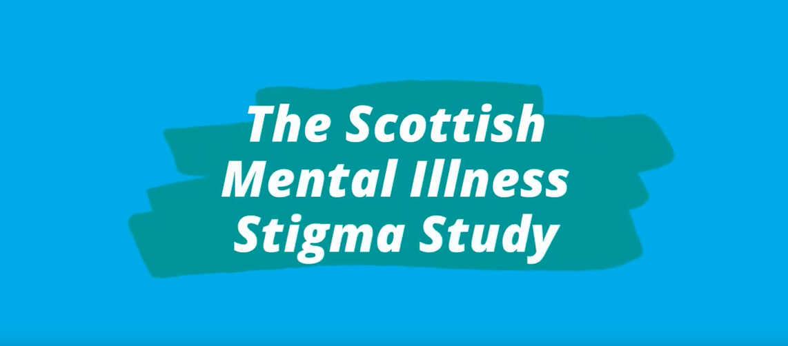 Blue background image with a green squiggle on which reads 'The Scottish Mental Ilness Stigma Study' in white text.